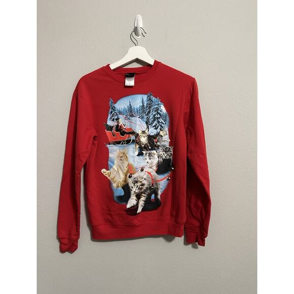 Santa & Kitty Cat Christmas Sweatshirt With Attached Jingle Bells size Medium - Picture 8 of 10